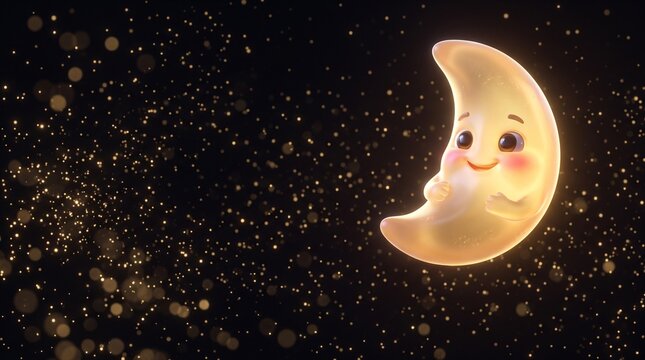 Cute crescent moon character smiling in a magical starry night sky with golden sparkles.