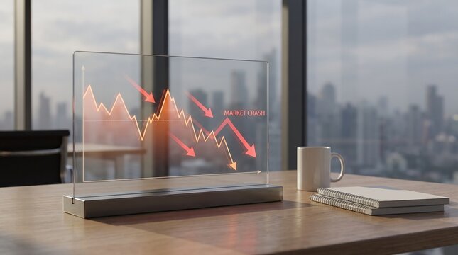 Holographic glass display showing a red financial market crash graph in modern office.