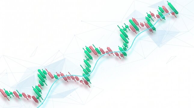 Candlestick chart showing stock market growth and financial trading trends on white background