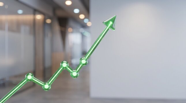 Green glowing line graph showing financial growth and business success in office background.