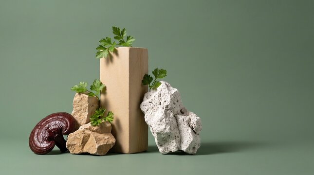 Product display podium with natural stones and reishi mushroom on green background