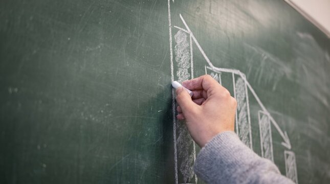 Hand drawing a financial bar chart with white chalk on a green classroom blackboard.