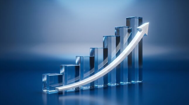 Glass business chart with rising arrow showing financial growth and success.