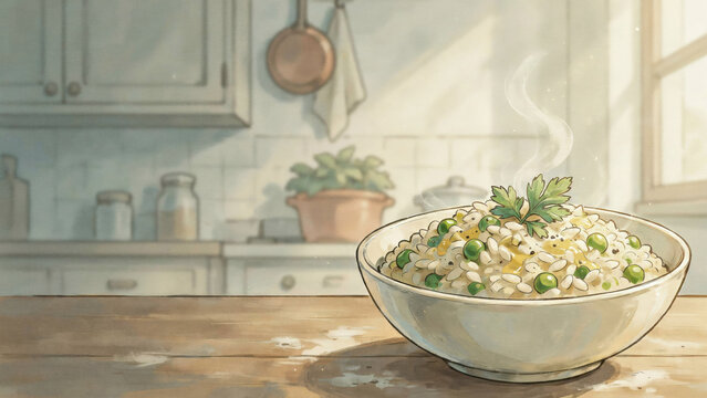 A national dish of Italian cuisine. 
Risi e bisi is a dish made with rice and green peas, with a consistency between a thick soup and a delicate risotto. Photo with space for text. 