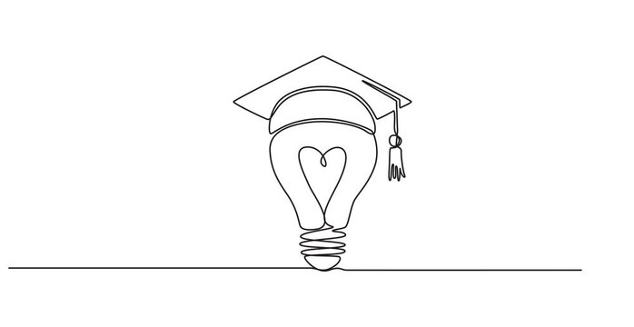 Animated self drawing of  Light bulb and graduation cap continuous line drawn. Creative smart idea symbol. Video, One single line drawing of bright lightbulb wearing graduation cap identity.4k 