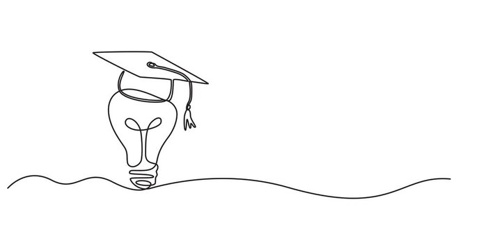 Animated self drawing of  Light bulb and graduation cap continuous line drawn. Creative smart idea symbol. Video, One single line drawing of bright lightbulb wearing graduation cap identity.4k 