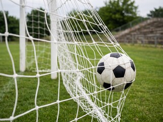 Naklejka premium A black and white soccer ball hitting the back of the net during a field game