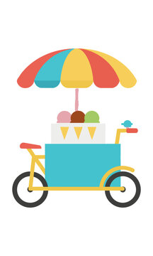 Colorful ice cream bicycle cart with striped umbrella in a simple flat design, isolated on white. Sweet summer treat concept