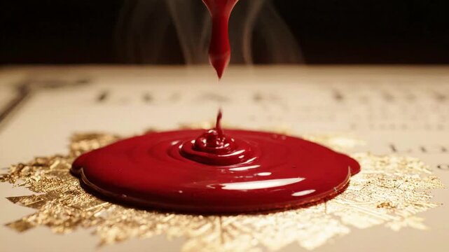 Red wax seal melting onto gold embossed paper for luxury stationery and official documents sealing wax