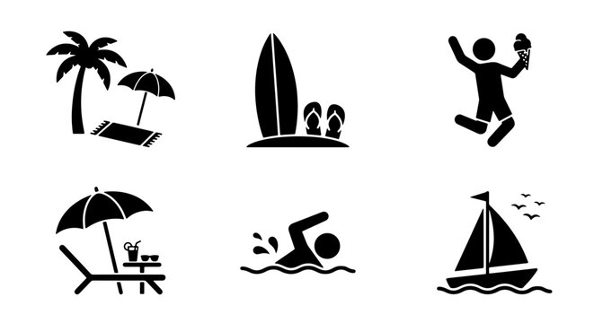 Summer Vacation Icons, Beach Activities Set, Travel Symbols