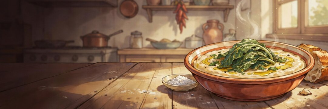 A national dish of Italian cuisine. 
Zuppa di fave e cicoria is a tender puree made from dried beans, served with boiled wild chicory and olive oil. A banner with space for text. 