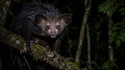 Fototapeta premium Aye Aye Lemur on Tree Branch in Nocturnal Rainforest