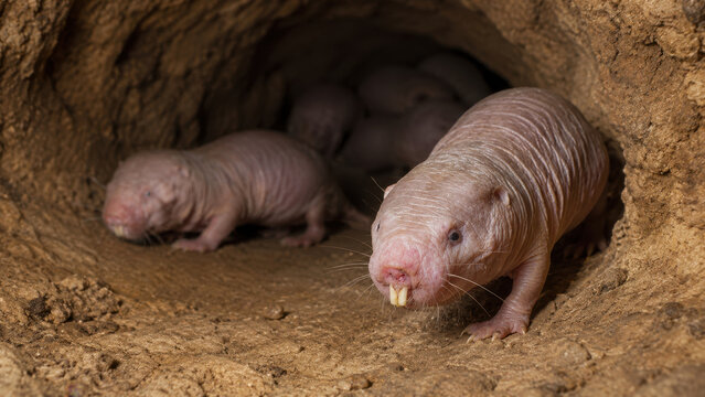 Naked Mole Rats Emerging from Underground Burrow Colony