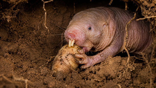 Naked Mole Rat Feeding on Tuber Inside Underground Burrow
