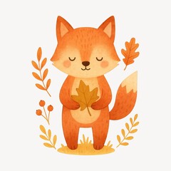 Fototapeta premium Cute fox with autumn leaves.