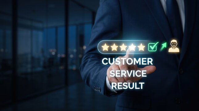 Businessperson's hand interacting with a digital interface displaying five stars indicating excellent customer review feedback during a modern office setting