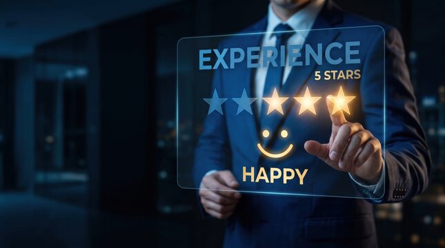 Man's hand touching five-star rating during customer review feedback session with happy face icon
