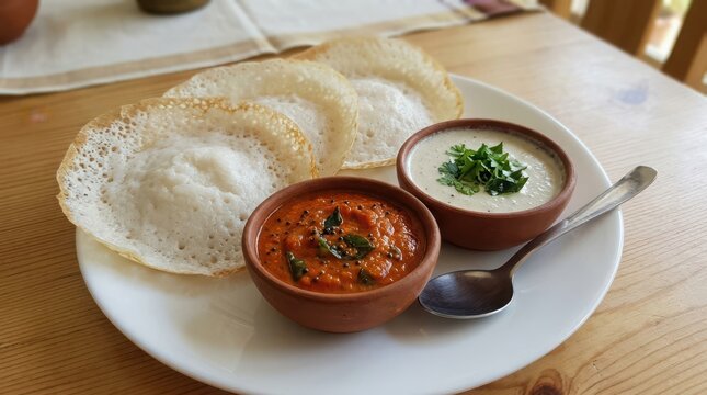 A Plate Of Traditional Kerala Appam Served With Two Types Of Chutney