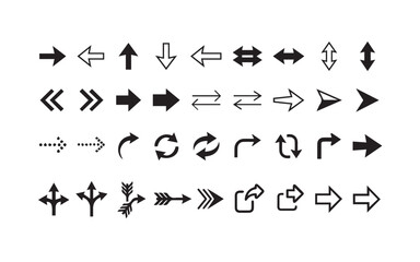 Fototapeta premium Diverse arrow silhouettes including dashed lines and bold pointers for infographic flowchart visuals.
