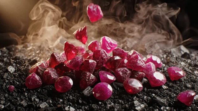 Luxury red rubies falling onto black coal with cinematic smoke effect, high-end jewelry concept, precious gemstones background, for use