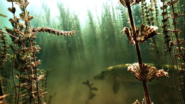 A meter-long northern pike, Esox lucius, swims above the sandy lakebed and disappears into a dense underwater forest of Eurasian watermilfoil.