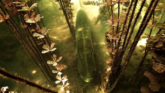 A very large northern pike, Esox lucius, about one meter long rests on the lakebed in murky water, then turns and swims into dense aquatic vegetation.