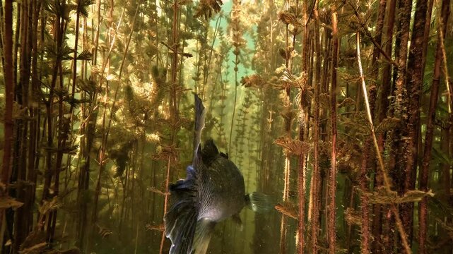 Zander, Sander lucioperca, swims through dense Eurasian watermilfoil in Lake Salagou, moving between tall submerged plants in green freshwater.