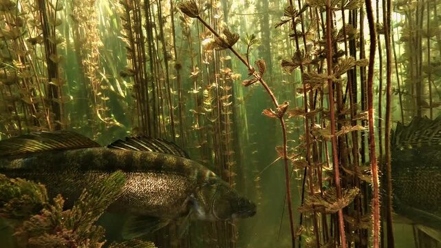 Two zander, Sander lucioperca, cross paths while swimming through dense Eurasian watermilfoil in a freshwater lake.