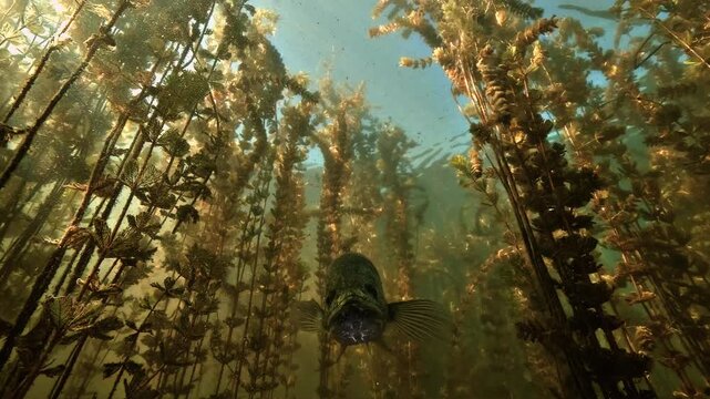 Low-angle close-up of a zander, Sander lucioperca, surrounded by dense Eurasian watermilfoil in the green water of a freshwater lake.
