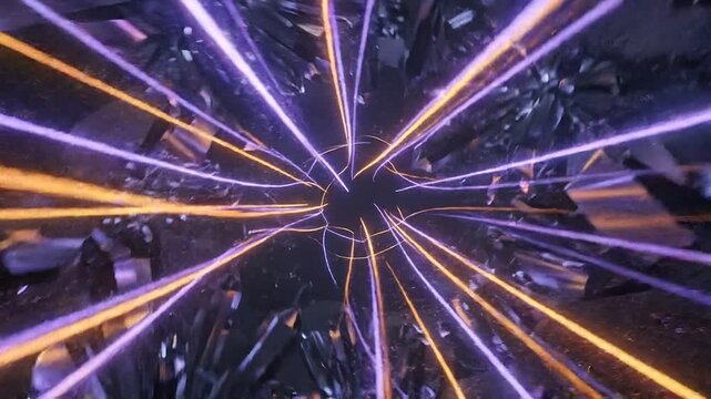 Futuristic crystal tunnel with purple and orange neon laser lines, fast motion loop