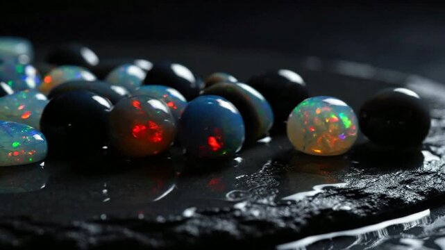 Iridescent opal gemstones glowing on wet black slate stone, macro close-up of precious jewelry stones with vibrant color play and reflections