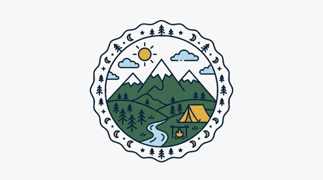 Circular vintage camping emblem featuring snow-capped mountains, a yellow tent by a campfire and river, surrounded by pine trees, sun, and clouds with a distressed texture.