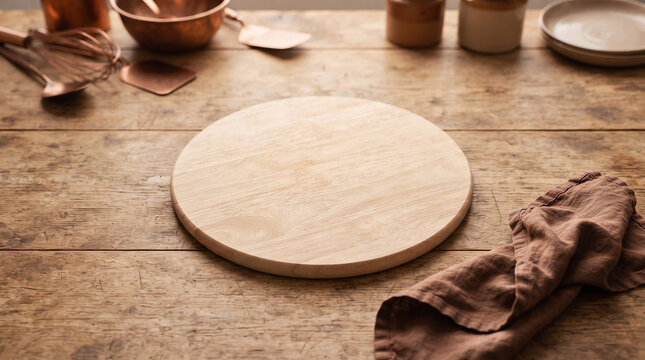 Wooden Surface with Kitchen Utensils: A rustic wooden table displays a circular wooden board, copper bowls, and a linen cloth, setting the stage background ready for culinary creation.