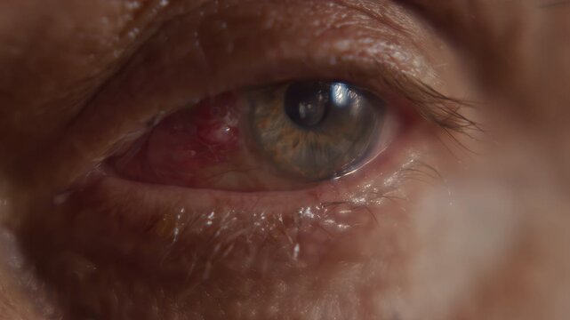 Macro, the eye of an elderly man after surgery looks in different directions