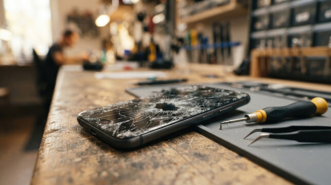 Broken Smartphone with Severely Cracked Screen and Repair Tools on Electronics Workshop Bench