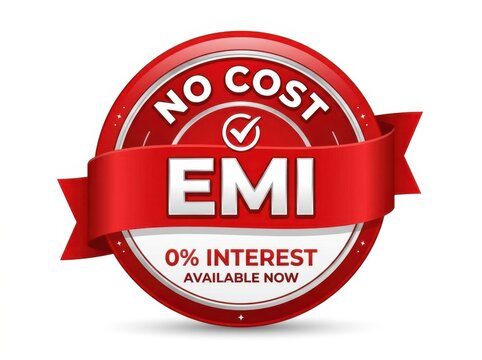 Red round badge for no cost emi zero percent interest offer with ribbon design