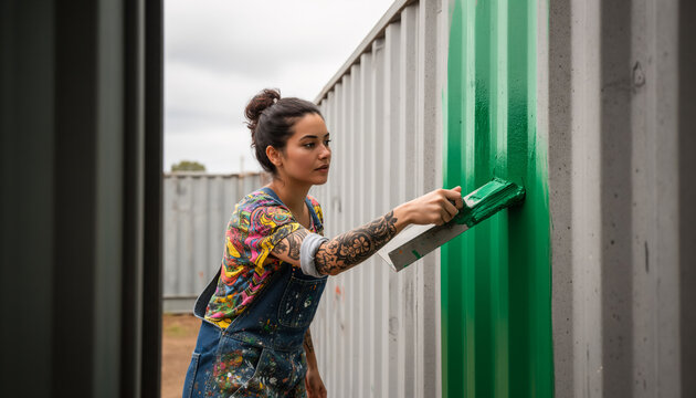 Focused tradeswoman painting corrugated metal wall panel with green roller brush outdoors, wearing colorful jacket, professional exterior painting trade with copy space for text