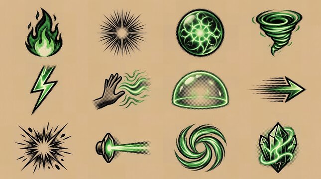 Green magic spell icons set featuring elemental powers with halftone patterns for game dev.