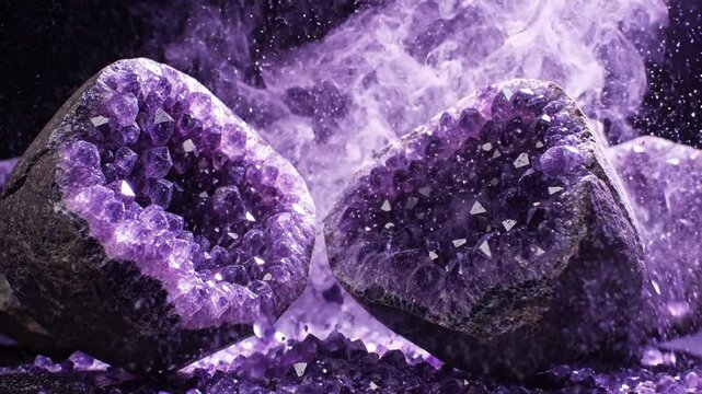 Amethyst geode cracking open: dramatic slow motion explosion of purple crystals and dust breaking