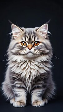 Cute Grey Persian Cat Portrait on Black Background 