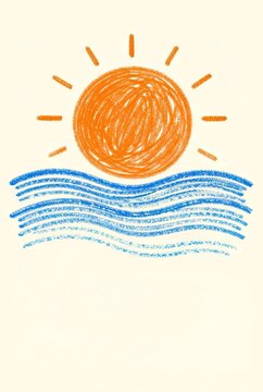 Childlike crayon drawing of sun over waves