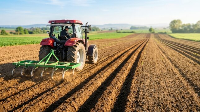 Red tractor plows fertile soil creating neat rows for planting, bright sunlight and bokeh effect