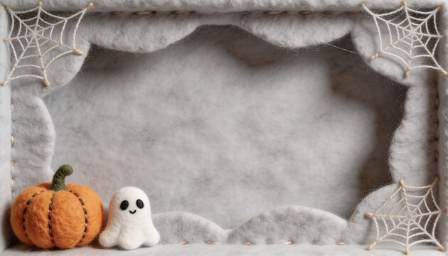 Felt halloween frame border background, needle felted pumpkin ghost craft, spooky spiderweb yarn thread decor, handmade autumn seasonal festive card, empty felted text space mockup template.