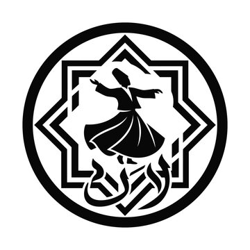 Sufi Whirling Dervish silhouette, Islamic geometric star emblem, black and white spiritual meditation vector art