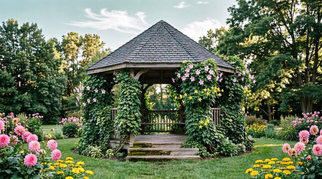 Flower-covered gazebo in lush green garden