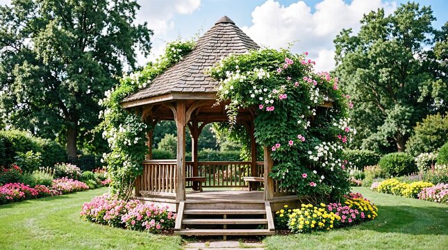 Wooden gazebo surrounded by blooming roses in garden