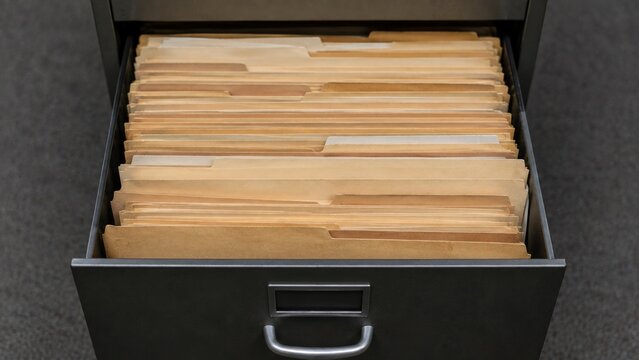Open filing drawer full of unlabelled manila folders
