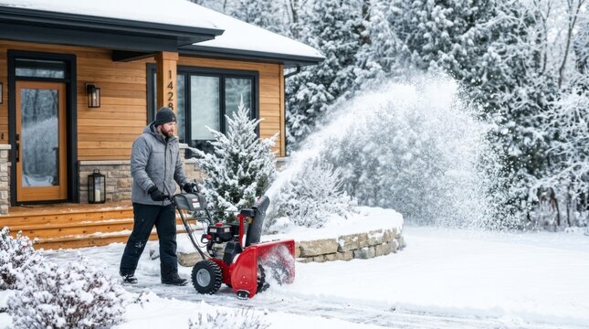 Man operating snowblower clearing driveway beside modern cedar home in winter snow