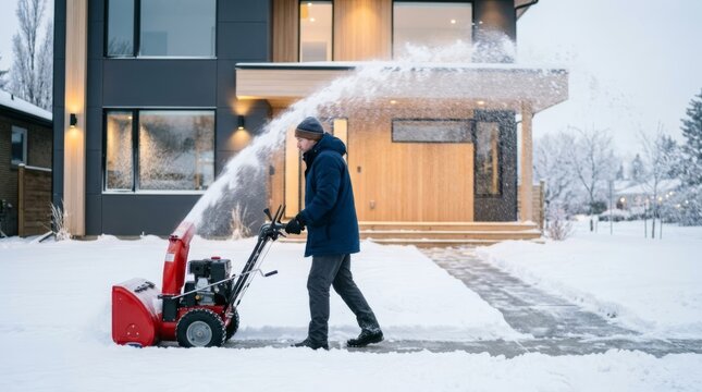 Man operating a red snowblower clearing snow from a residential walkway in front of a modern cedar and dark panel house at dawn