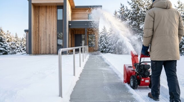 Man clearing snow with snowblower on modern house walkway at dawn